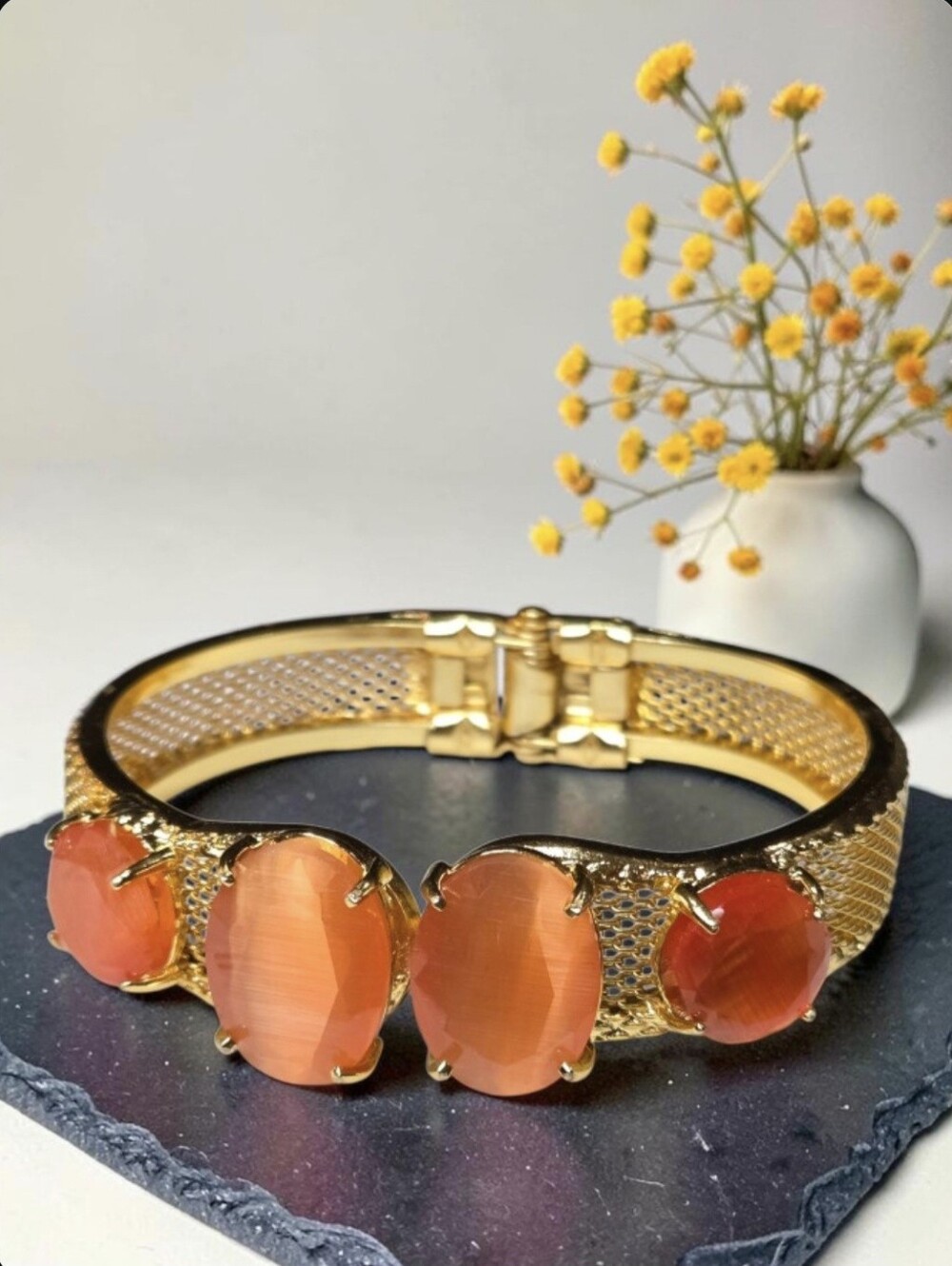 18k Gold Plated Artisan Tangerine Tourmaline Lattice Mesh Clamper Bracelet